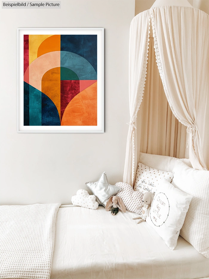 Modern bedroom with abstract colorful geometric art above a canopy bed with plush toys.