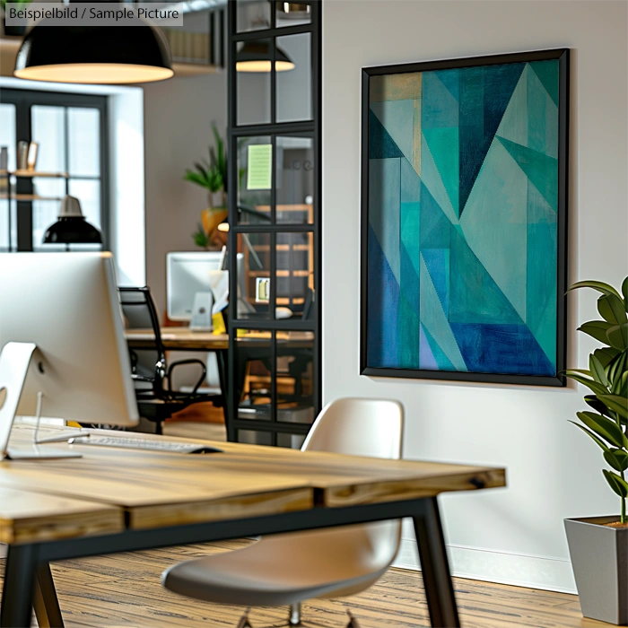 Modern office interior with abstract teal geometric painting on wall, wooden desk, and computer monitor.