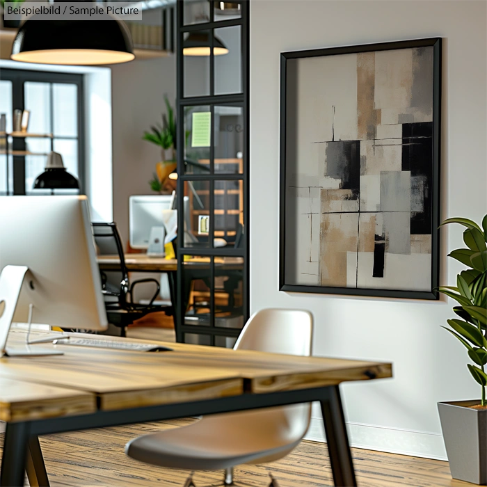 Modern office interior with abstract painting on wall near desk and computer, open shelf in background.