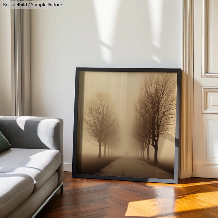 Framed artwork with trees in a foggy scene, leaning against a wall next to a gray sofa in a sunlit room.