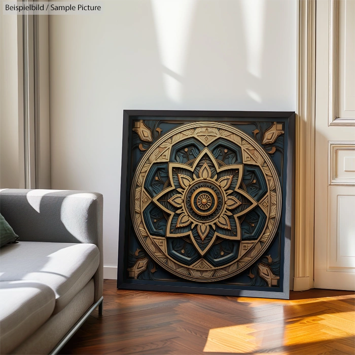 Ornate framed medallion with intricate patterns leaning against a wall in a sunlit room.