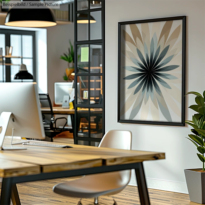 Modern office with abstract flower art, wooden desk, and computer.