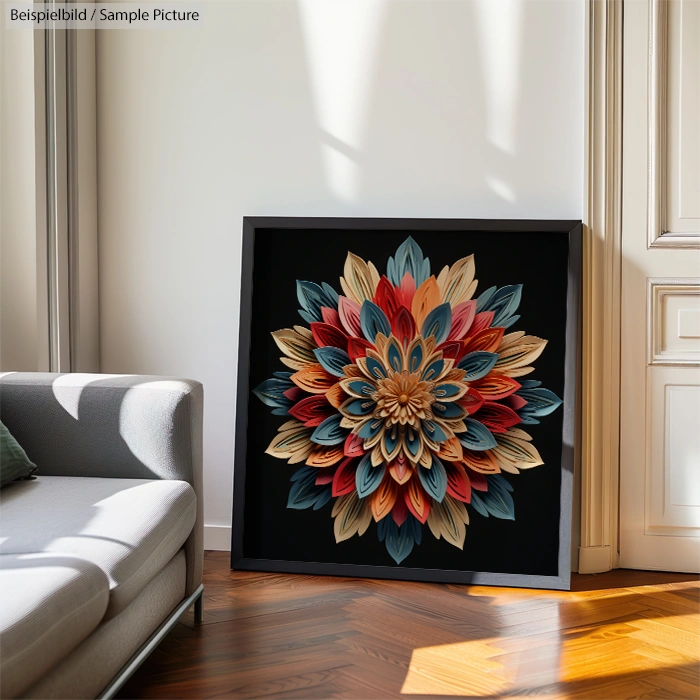 Framed mandala artwork with red, blue, and cream petals leaning against a sunlit wall beside a gray sofa.