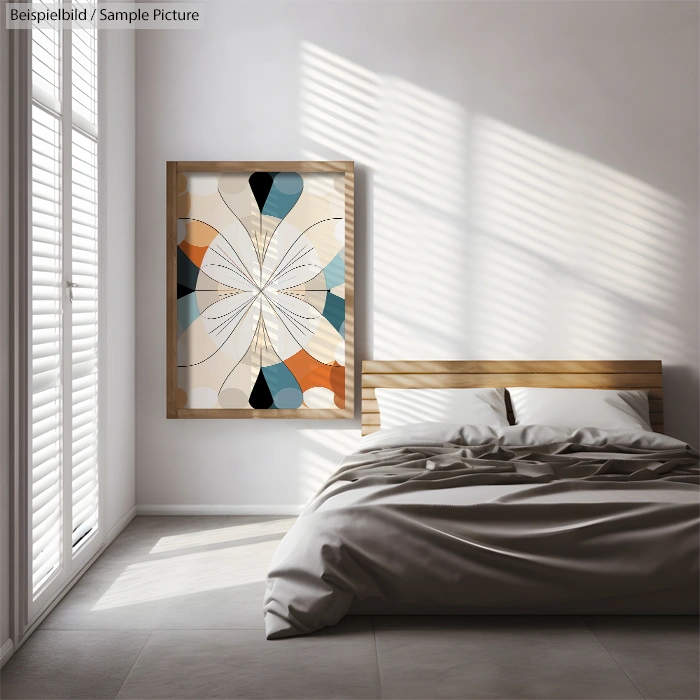 Modern bedroom with abstract geometric artwork in natural light.