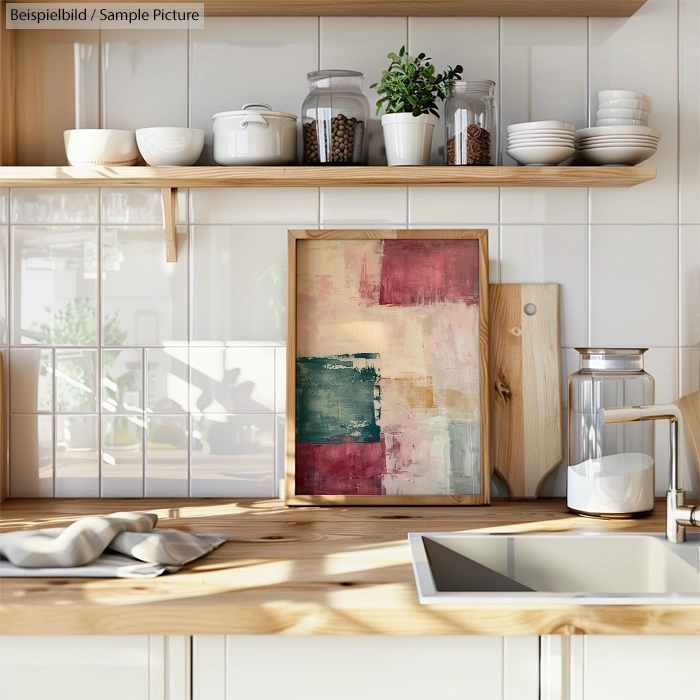 Minimalist kitchen with wooden shelves, ceramic dishware, and abstract art framed on countertop.