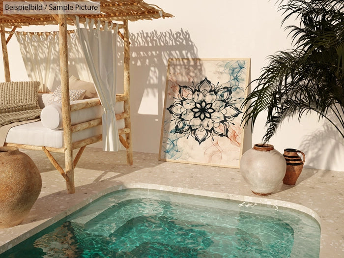 Stylish outdoor seating by a pool, with a mandala artwork and ceramic pots, shaded by a wooden pergola.