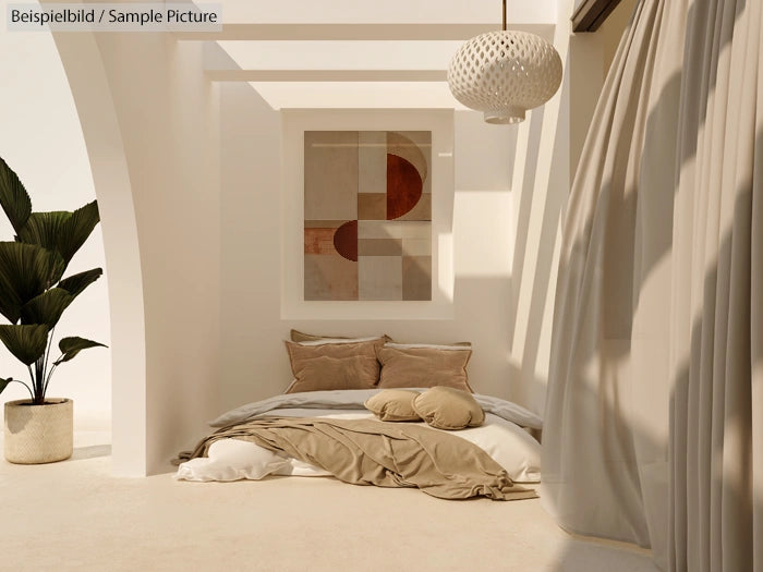 Minimalist bedroom with low bed, beige decor, abstract wall art, potted plant, and natural light through large window.