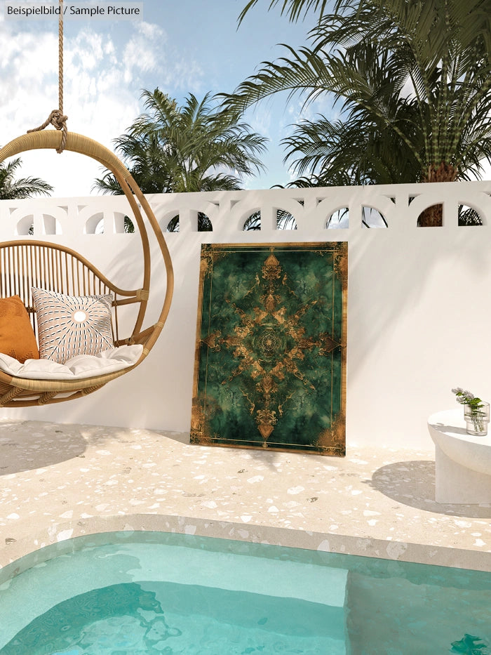 Outdoor patio with hanging chair, turquoise pool, abstract green-gold artwork, and palm trees.