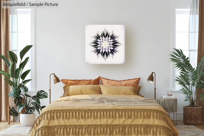 Modern bedroom with beige bedding, plants, and abstract flower art on the wall.