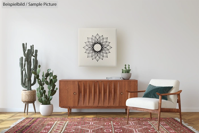 Mid-century modern living room with wood sideboard, armchair, cactus plants, and geometric art on wall.