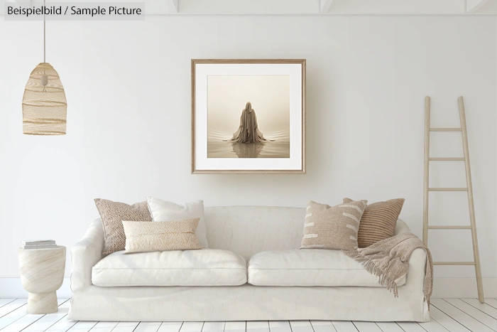 Minimalist living room with white sofa, neutral pillows, and framed artwork on the wall.