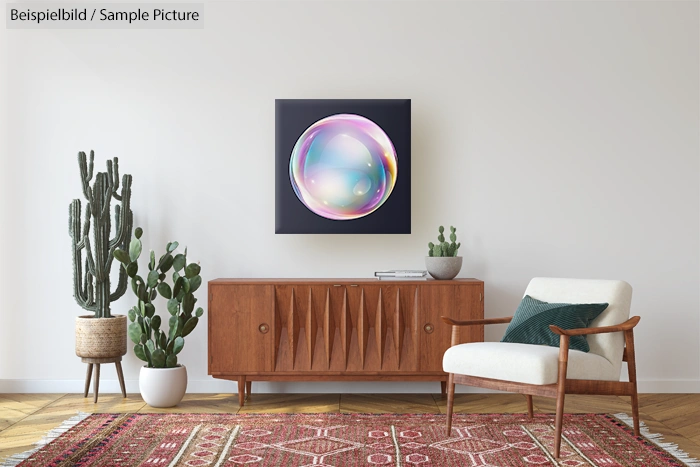 Modern living room with a bubble wall art, wooden sideboard, armchair, cactus plants, and an ornate rug.