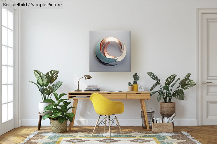 Modern home office with yellow chair, abstract art, plants, and wooden desk in natural light.