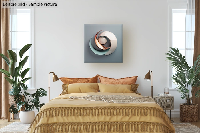 Modern bedroom with beige decor, abstract wall art, and green plants on each side of the bed.