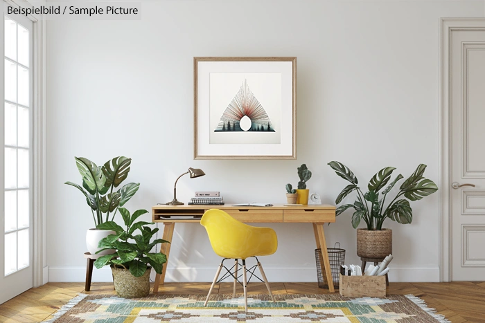 Home office with wooden desk, yellow chair, indoor plants, and framed artwork on white wall.