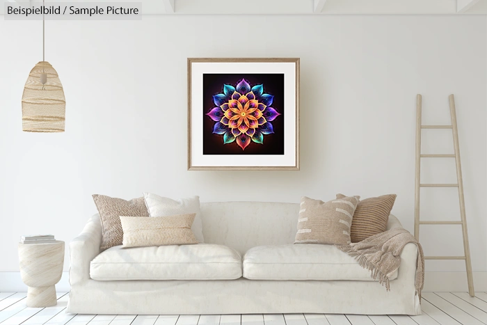 Modern living room with a white couch, decorative pillows, and framed colorful mandala art on the wall.