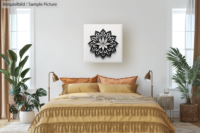 Elegant bedroom with beige bedding, floral wall art, green plants, and warm lighting.