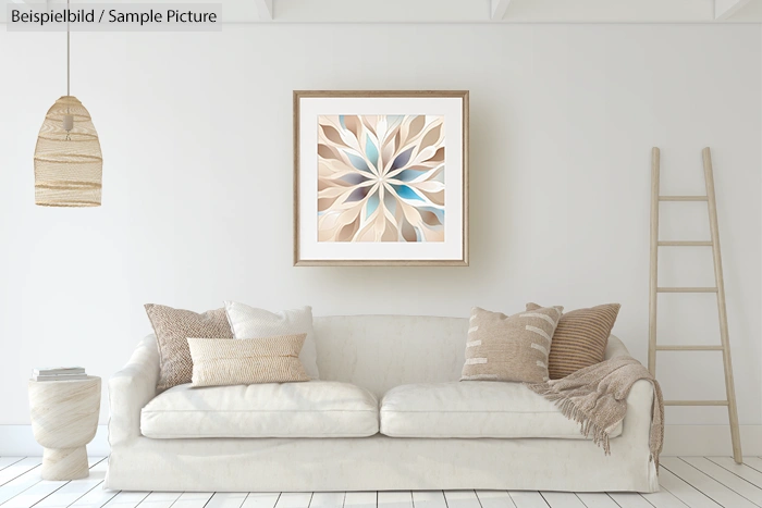 Minimalist living room with a beige sofa, abstract artwork on the wall, and a woven lamp hanging.