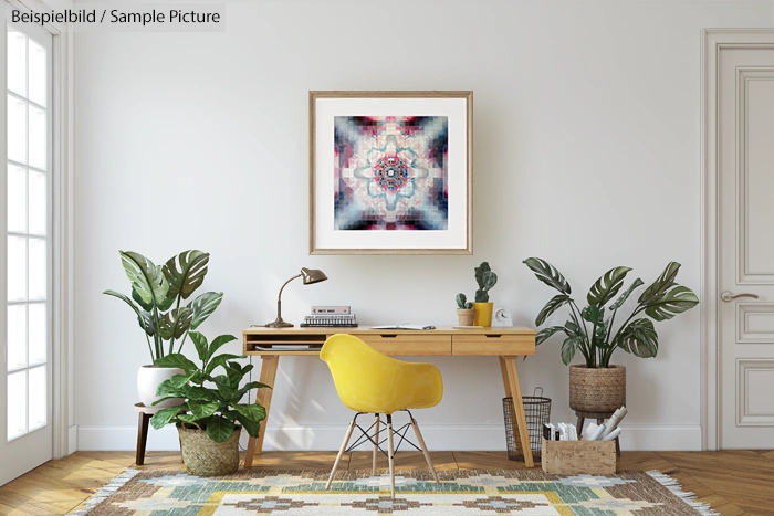 Modern home office with wooden desk, yellow chair, potted plants, and a colorful abstract artwork on the wall.