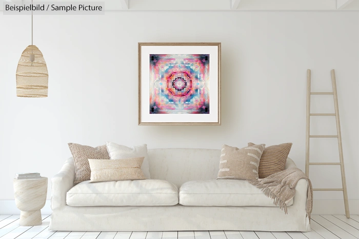 Modern living room with a beige couch, stylish cushions, and abstract artwork on the wall.