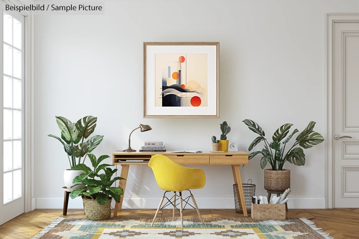 Modern home office with plants, yellow chair, and abstract art on the wall.