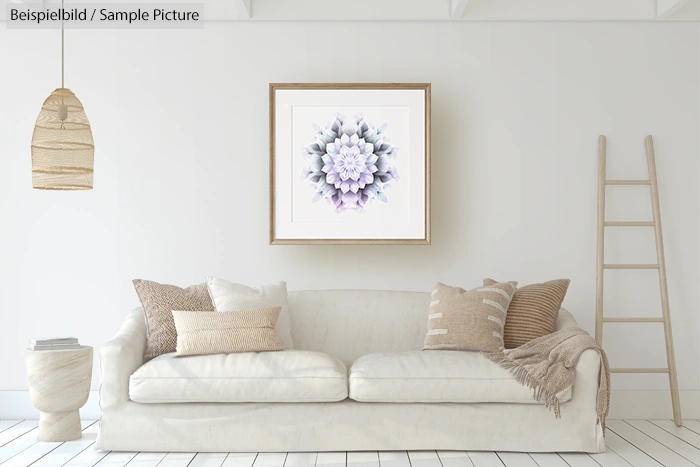 Cozy living room with beige sofa, decorative pillows, framed floral art, wooden ladder, and pendant light.