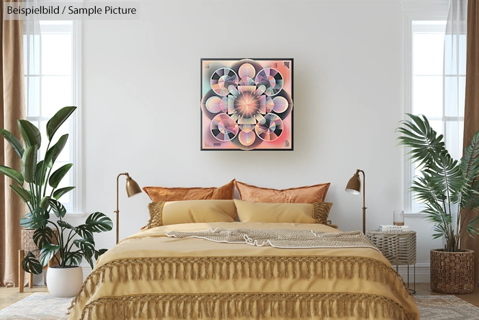 Stylish bedroom with beige bedding, modern lamp, and abstract geometric artwork above bed, accented by potted plant.