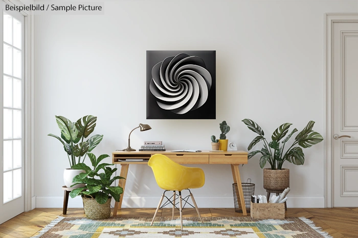 Modern home office with yellow chair, wooden desk, plants, and spiral artwork on the wall.