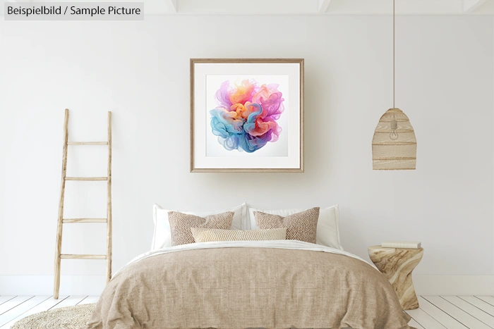 Minimalist bedroom with a beige bed, colorful abstract painting, wooden ladder, and woven lamp.