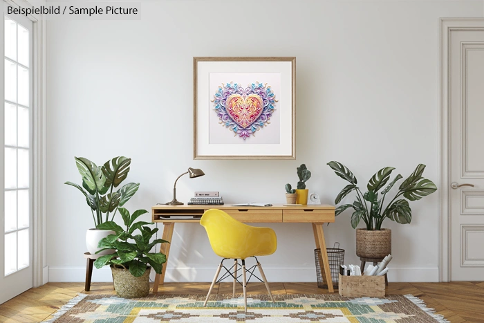 Modern home office with wood desk, yellow chair, plants, and colorful heart artwork on the wall.