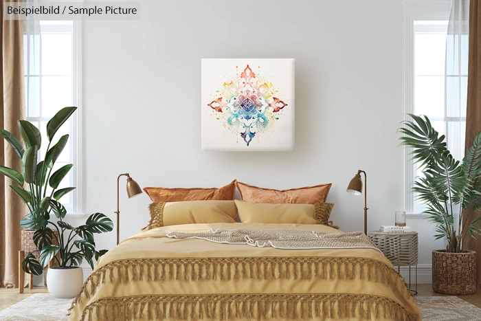 Cozy bedroom with beige bedding, decorative pillows, and a colorful abstract wall painting. Two lamps and potted plants flank the bed.