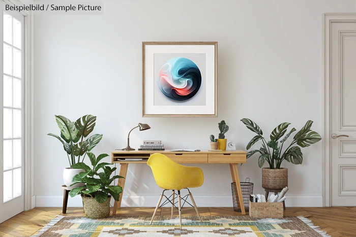 Home office with wooden desk, yellow chair, plants, and a framed abstract painting on the wall.