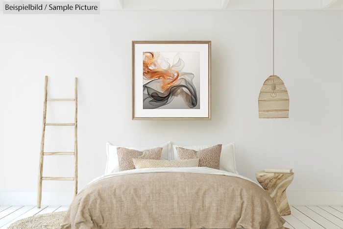 Minimalist bedroom with earthy tones featuring abstract framed art above a bed with beige bedding.