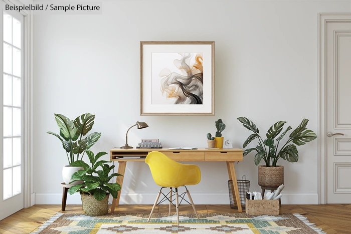 Modern home office with wooden desk, plants, yellow chair, abstract art, and natural light from large window.