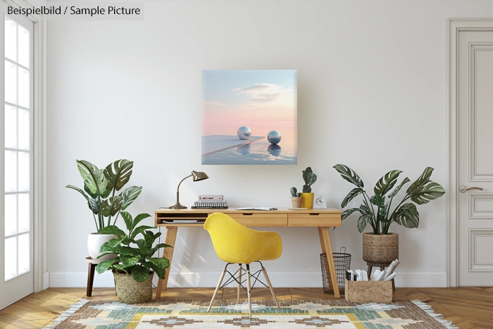 Modern living room with a wooden desk, yellow chair, plant decor, and a surreal painting on the wall.