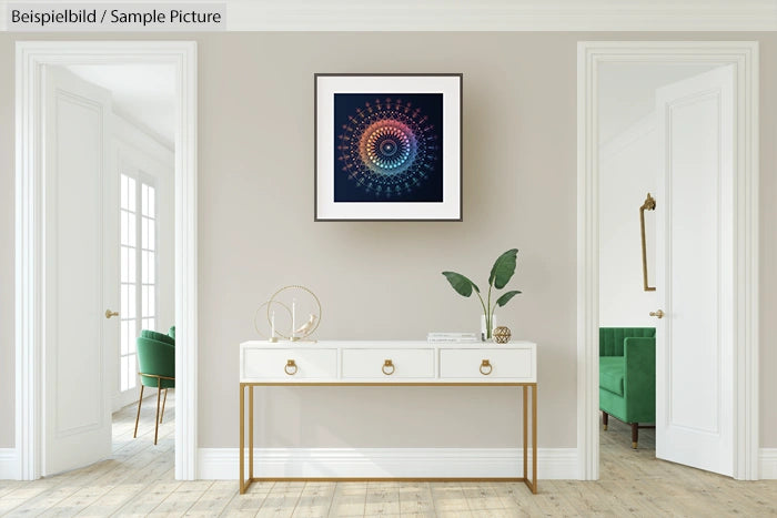 Modern living room with abstract art on wall, white console table, decorative items, and green chairs in adjacent rooms.