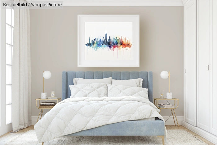 Modern bedroom with blue velvet bed, colorful cityscape art, white bedding, and gold side tables with lamps.