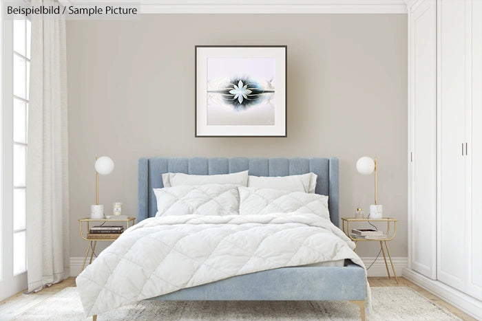 Modern bedroom with a blue upholstered bed, white bedding, and abstract artwork above it.