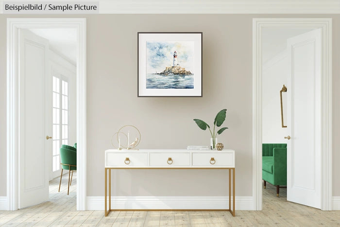 Elegant beige room with white console table, wall art of a lighthouse, and green accent chairs through open doors.