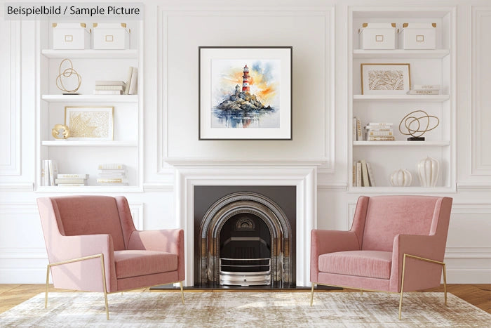 Elegant living room with pink chairs, white shelves, and a lighthouse painting above a fireplace.