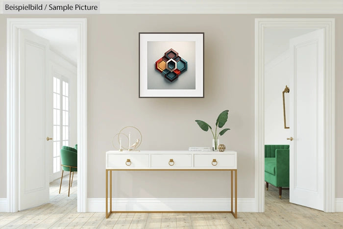 Elegant room with abstract art on wall, white console table, and green armchair in bright light.