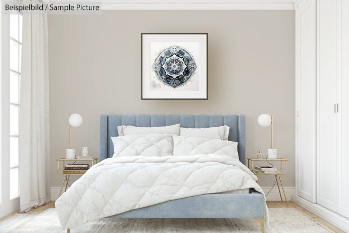 Modern bedroom with gray upholstered bed, white bedding, and abstract art on beige walls.