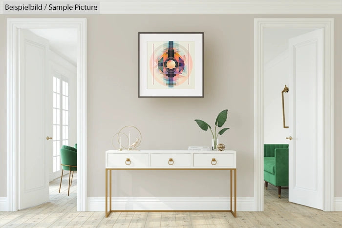 Minimalist hallway with modern art, white console table, plant, decorative items, and open doors to green-accented rooms.