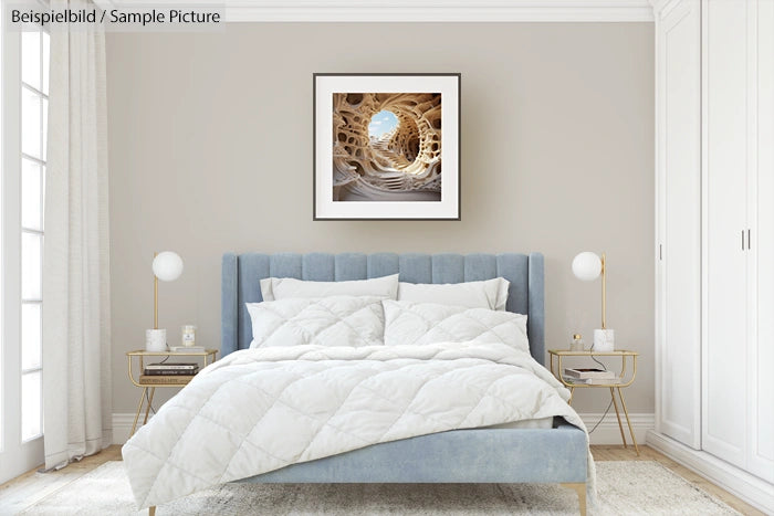 Modern bedroom with blue upholstered bed, white bedding, minimalist decor, and a framed abstract art piece on the wall.