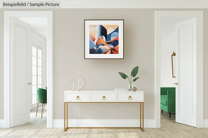 Minimalist hallway featuring a console table, abstract painting, and modern decor accents with chairs in adjacent rooms.