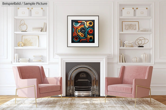 Elegant living room with pink armchairs, abstract art on wall, and white shelves around a fireplace.