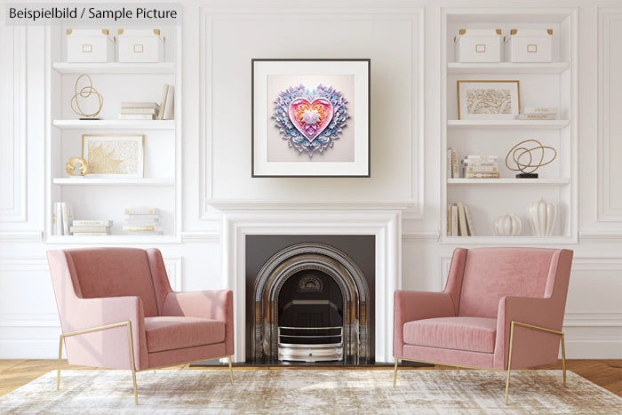 Elegant living room with pink chairs, a fireplace, and a heart-themed artwork above the mantel.