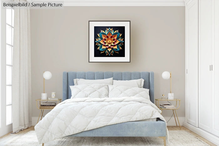 Modern bedroom with a blue bed, white bedding, and a floral artwork on the wall.