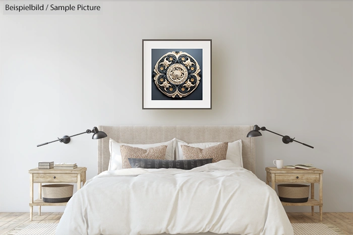 Minimalist bedroom with neutral decor, featuring a central decorative framed artwork above a modern upholstered bed.