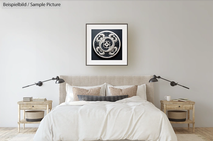 Modern bedroom with a neutral color palette, featuring a framed black and white art piece above a plush bed.